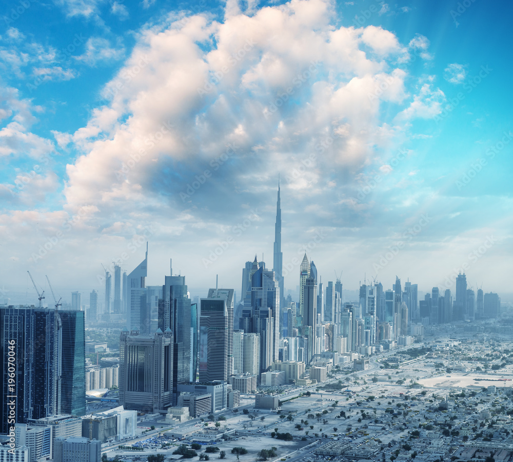 Aerial city skyline from helicopter - Dubai, UAE