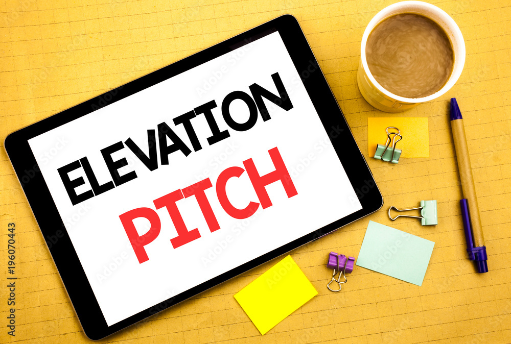 Conceptual hand writing text caption showing Elevation Pitch. Business concept for Talking Communication Written on tablet laptop, wooden background with sticky note, coffee and pen Conceptual hand writing text caption showing Elevation Pitch. Business concept for Talking Communication Written on tablet laptop, wooden background with sticky note, coffee and pen