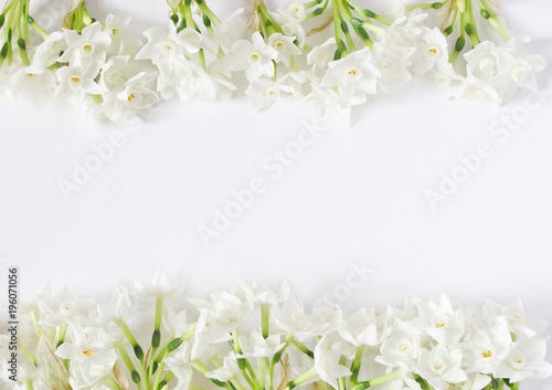Spring styled stock photo. Easter concept. Feminine desktop scene. Frame of narcissus, daffodil flowers on white table background. Empty space. Flat lay, top view.