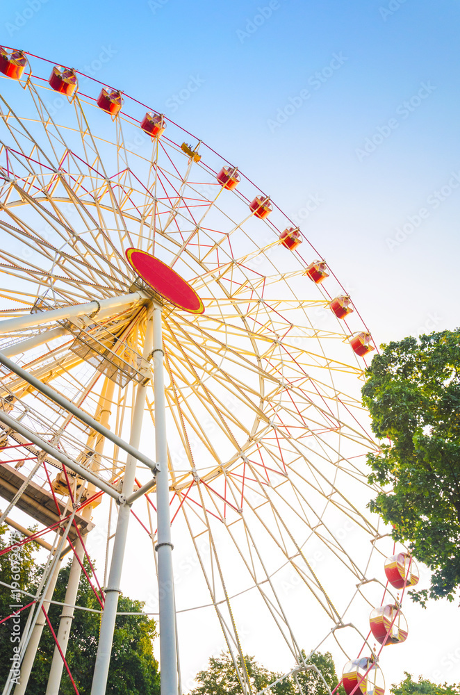 Fototapeta premium Ferris Wheel at Sunset in Amusement Park. Observation Wheel on Blue Sky Background Near Branches of Trees