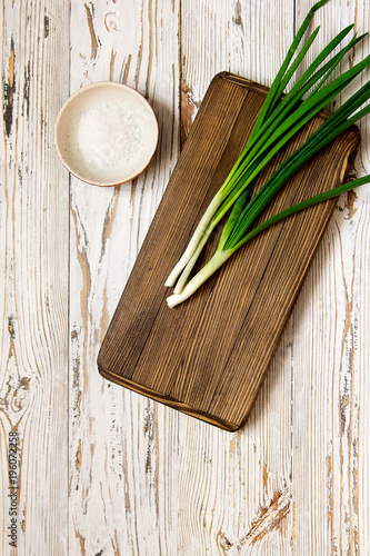 board cooking kitchen green onion vintage background copy space