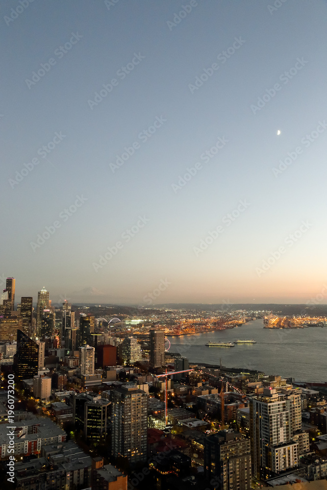 Fototapeta premium A View Over Elliott bay and Seattle Inter Urban Downtown City Skyline Buildings Waterfront from Space needle