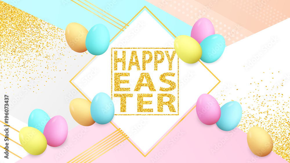 Easter poster. Spring holiday banner. Greeting card. Happy Easter. Golden confetti. Colorful eggs. Easter background. Place for text. Banner template.