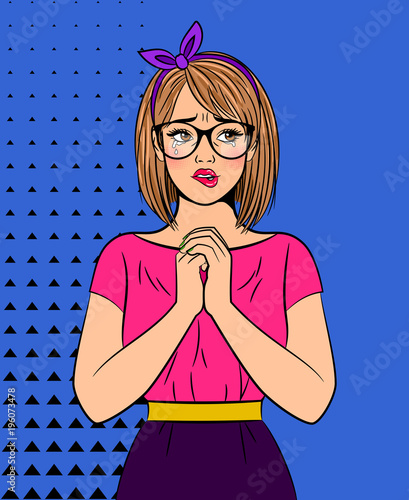 Crying pop art woman with glasses