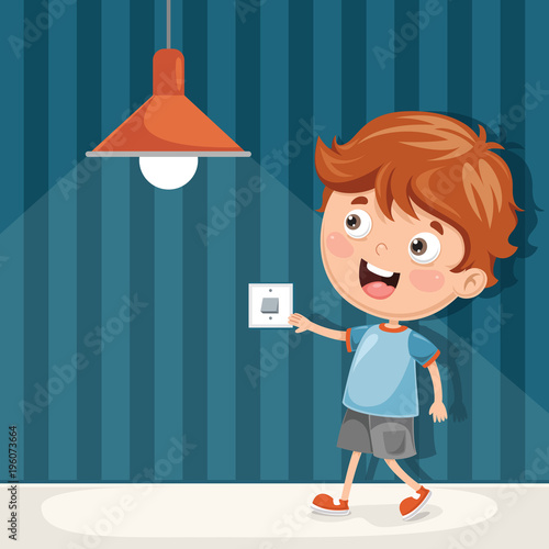 Vector Illustration Of A Kid Turning On The Light