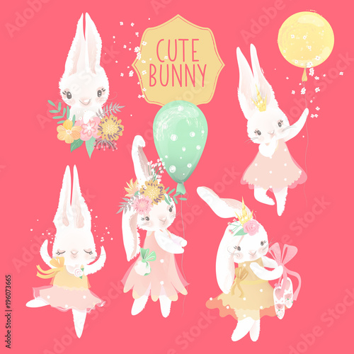 Cute ballerina bunny princess ballet girl, ballerina with flowers, floral, flower wreath, balloons, crown and tied bows vintage, rustic set, collection