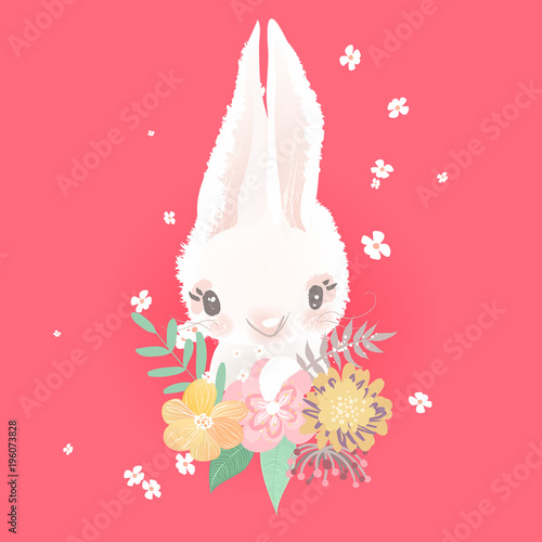 Cute bunny, rabbit with floral, flowers wreath bouquet