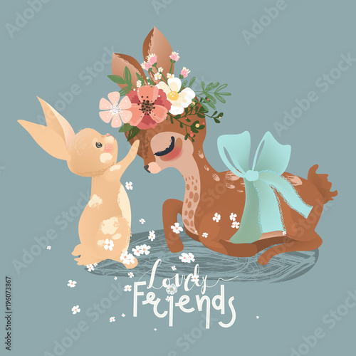 Cute deer and little baby bunny with flowers, floral wreath, bouquet and tied bow