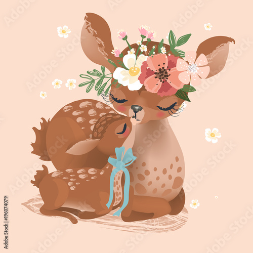 Cute deer mother in flowers, floral wreath, bouquet and tied bow with her little baby deer, fawn