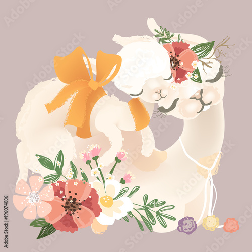 Cute llama, alpaca mother in flowers, floral wreath, bouquet and tied bow with her little baby llama