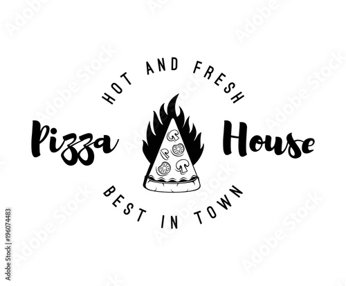 Logotype for restaurant pizzeria in the form of a piece of pizza with fire. Vector.