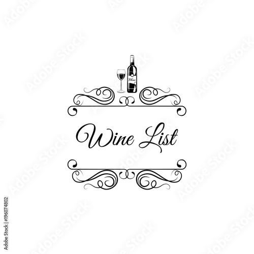 Menu wine design. Wine bottle and glass. Swirls, filigree and flourish elements. Vector illustration.