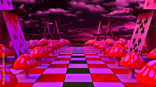 Movement of a view along the amanita and playing cards on the chessboard. 3D-Rendering. UHD - 4K