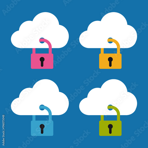 Cloud Sicherheitssystem - Bearbeitbare Vektor-Icons - Freigestellt auf blauem Hintergrund