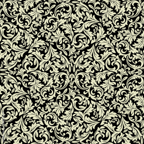 Wallpaper in the style of Baroque. A seamless vector background. Black and gold floral ornament. Graphic vector pattern