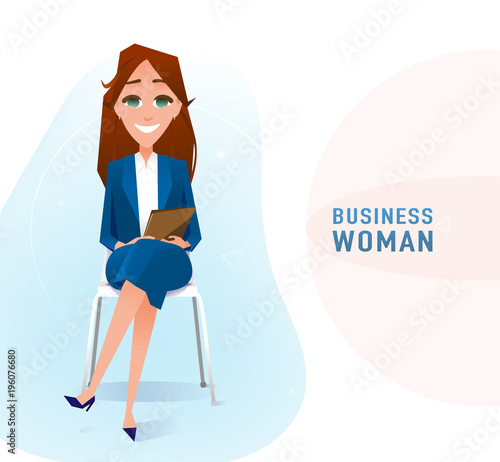 Modern business woman in the office sitting on the chair with copy space