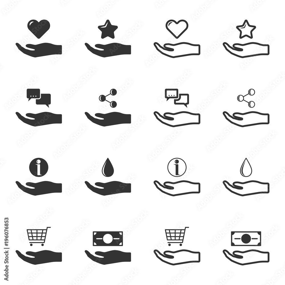 Set of black and white hands offering service icons. Isolated vector. Set of black and white hands offering service icons. Isolated vector.