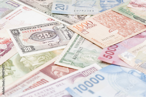South America paper currencies background .