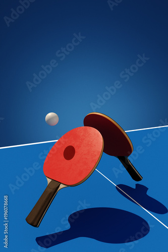 Two table tennis or ping pong rackets and ball tournament poster design 3d illustration