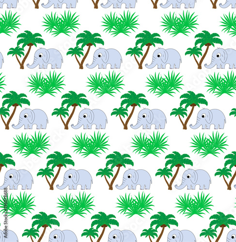  seamless pattern with palm trees and elephant. Modern design for the fabric.