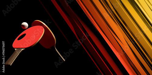 Two table tennis or ping pong rackets and ball tournament poster desig on abstract backgroung 3d illustration