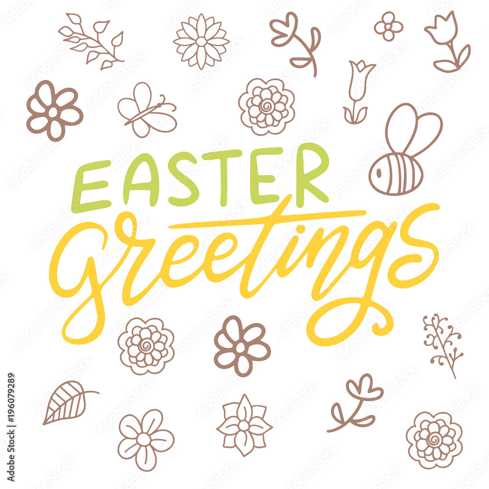 Easter lettering. Template vector hand drawn black on white background. Happy holiday postcard. Vector illustration
