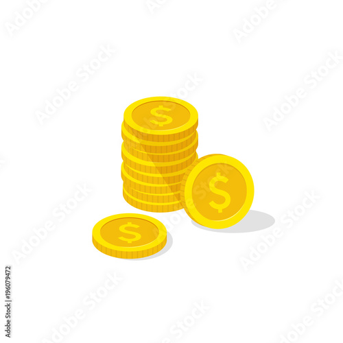 Coins stack, coins icon isometric, coins pile, coins money, one golden coin standing on stacked gold coins modern design isolated on white background, vector illustration.