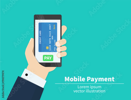 Mobile payment credit card, hand holding phone, flat design vector.