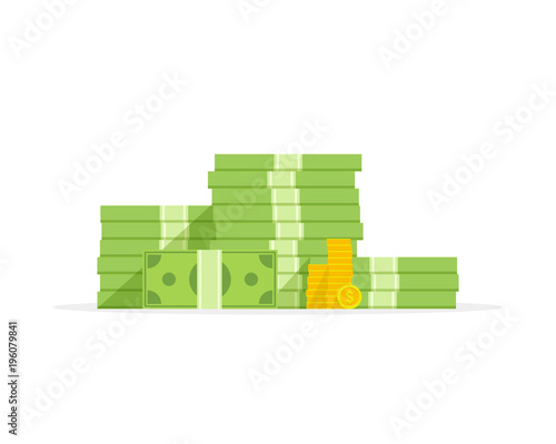 Big pile of money and coins, heap of cash flat cartoon style. Vector illustration.