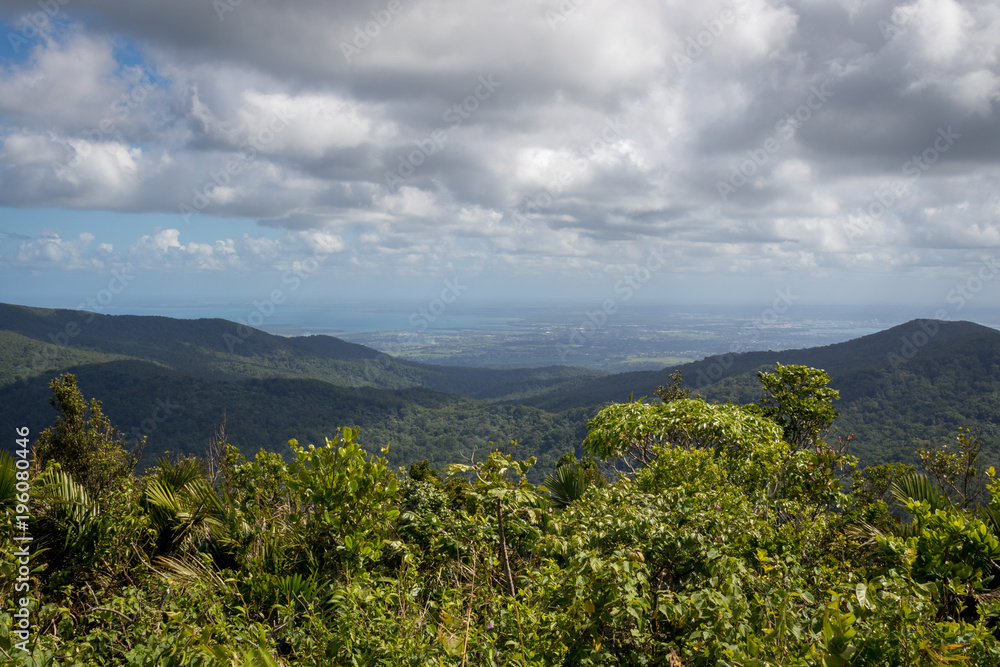 Panoramic landscape view from Morne a Louis lookout (743 m) in Guadeloupe, Caribbean. View towards Grande-Terre and capital. 