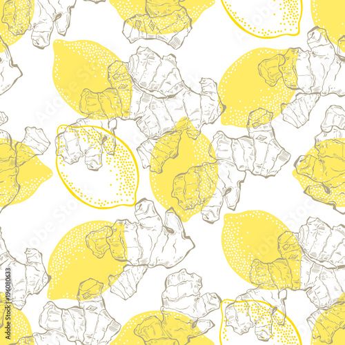 Ginger and  lemon. Seamless vector pattern on white background.