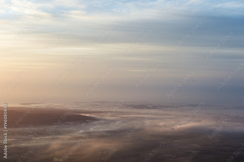 aerial view from mont caro in direction of industralisation near Tortosa and the parc natural del delta de l'Ebre