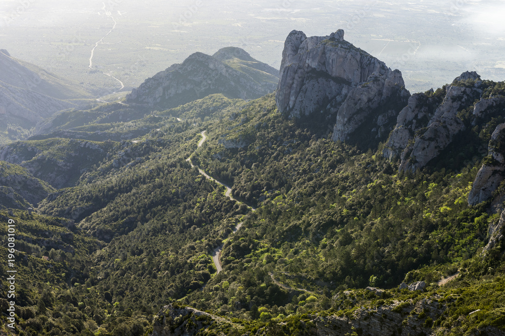 Aerial view on road climbing up to Monte Care at los puertos de beceite