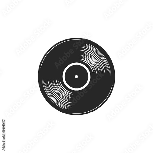 Vintage hand drawn vinyl LP record with gray label. Black Old technology, realistic retro design. Illustration. Stock vector musical plate icon isolated on white background