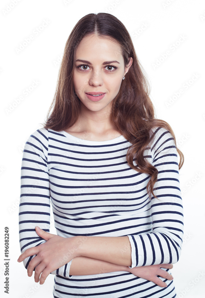 Portrait of a beautiful confident smiling elegant woman in smart casual wear on a white background. Portrait of a beautiful confident smiling elegant woman in smart casual wear on a white background.