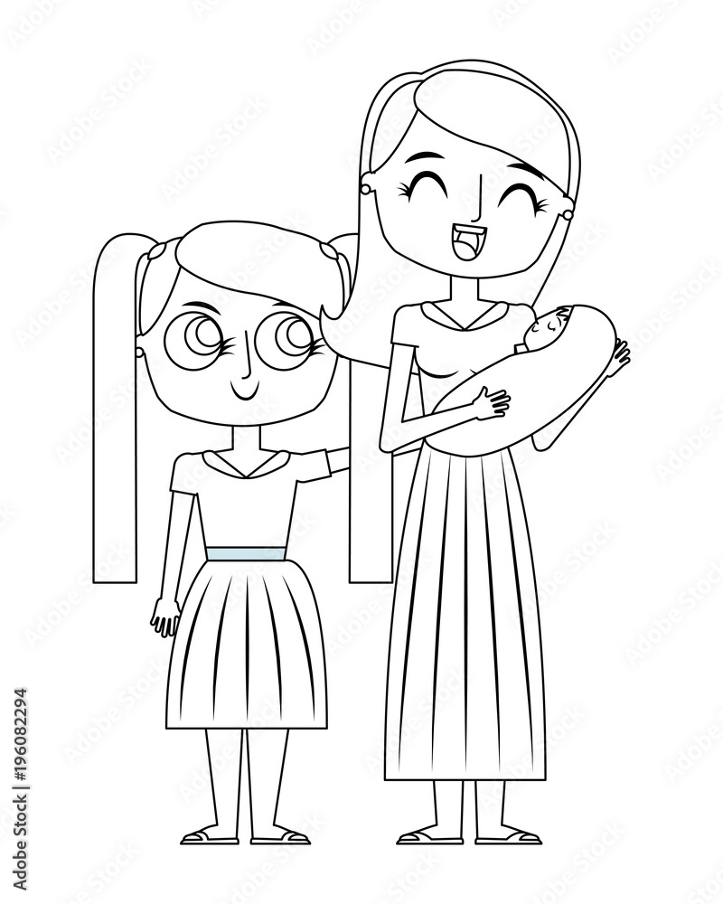 smiling mother is holding her little baby and daughter vector illustration thin line smiling mother is holding her little baby and daughter vector illustration thin line