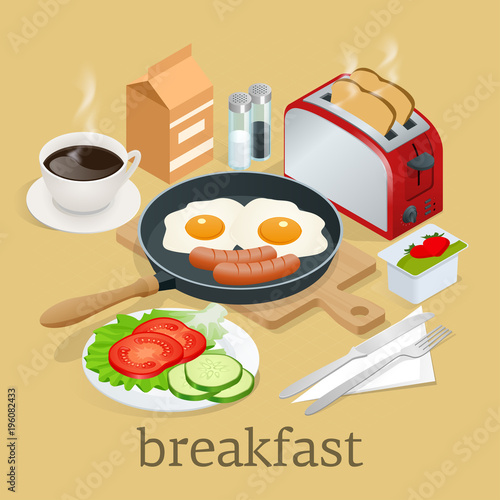 Isometric Breakfast and kitchen equipment icons set. English breakfast with fried eggs, bacon, sausages, beans, toasts, coffee and fresh salad.