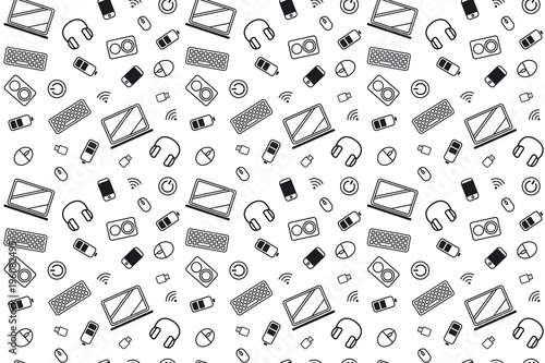 Computer part icons. pattern texture repeating seamless monochrome black and white. computer mouse, keyboard, laptop, flash drive, headphones, column, phone, battery and wi-fi on a white background.