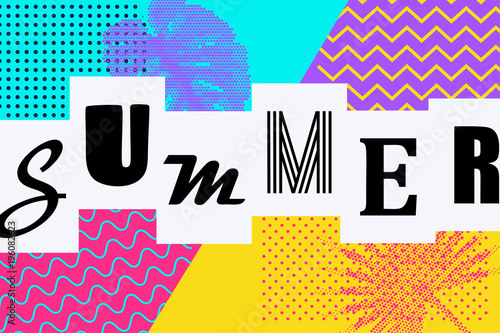 Summer background Memphis style. Retro tropical backdrop 80s 90s pop art. Comic text lettering different font. Sale poster monstera palm leaf. Halftone pattern vector illustration.