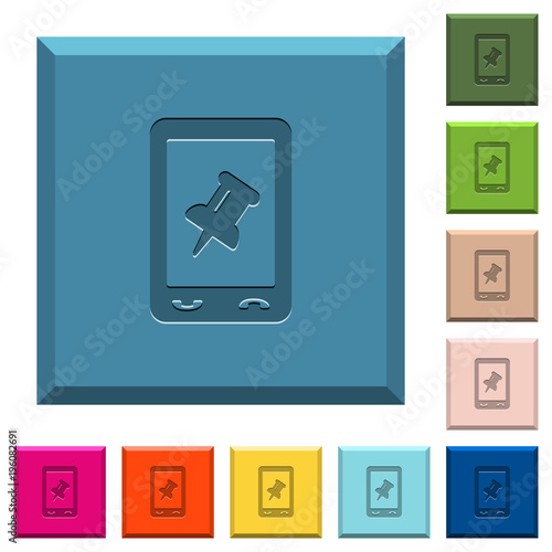 Mobile pin data engraved icons on edged square buttons © botond1977