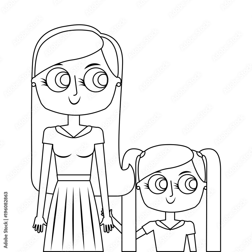mother holding hand with her daughter portrait vector illustration thin line mother holding hand with her daughter portrait vector illustration thin line