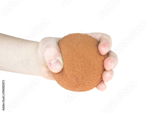 hand and foam ball on isolated white background
