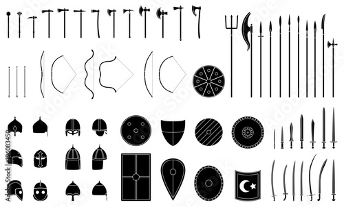 Medieval weapons and armors set. Medieval warrior equipment. Sword, sabre, dagger, axe, male, spear, pike bow arrows helmet shield Vector illustration photo