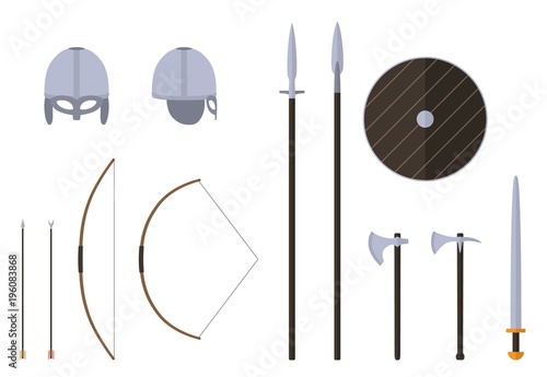 Viking weapons and armors set. Viking warrior equipment. Sword, axe, spear, pike, bow, arrows helmet shield Vector illustration