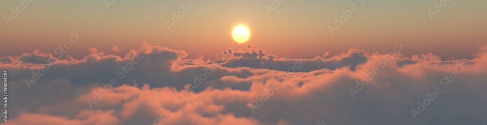 over the clouds at sunset, a panorama of clouds and a sun above
3d rendering
