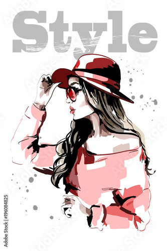 Hand drawn beautiful young woman in red hat. Fashion woman. Stylish lady portrait. Sketch. Vector illustration.