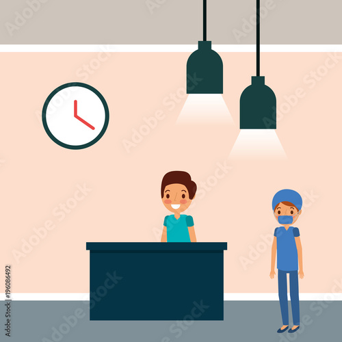 medical nurse station staff clinic with clock lamps vector illustration