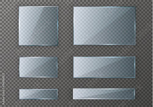 Vector glass modern banner set with shiny golden metallic frame on transparent background.