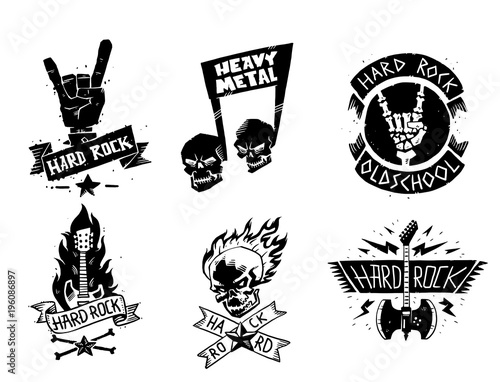 Heavy rock music vector badge vintage label with punk skull symbol hard rock-n-roll sound sticker emblem illustration
