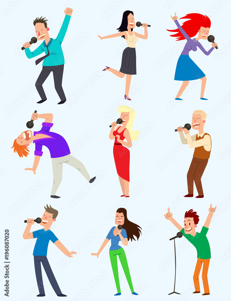 Cheerful corporate party singing people with microphone. vector musician artist characters Karaoke, songs dancing singing expression. Happy friends singing karaoke at party people music fun concert